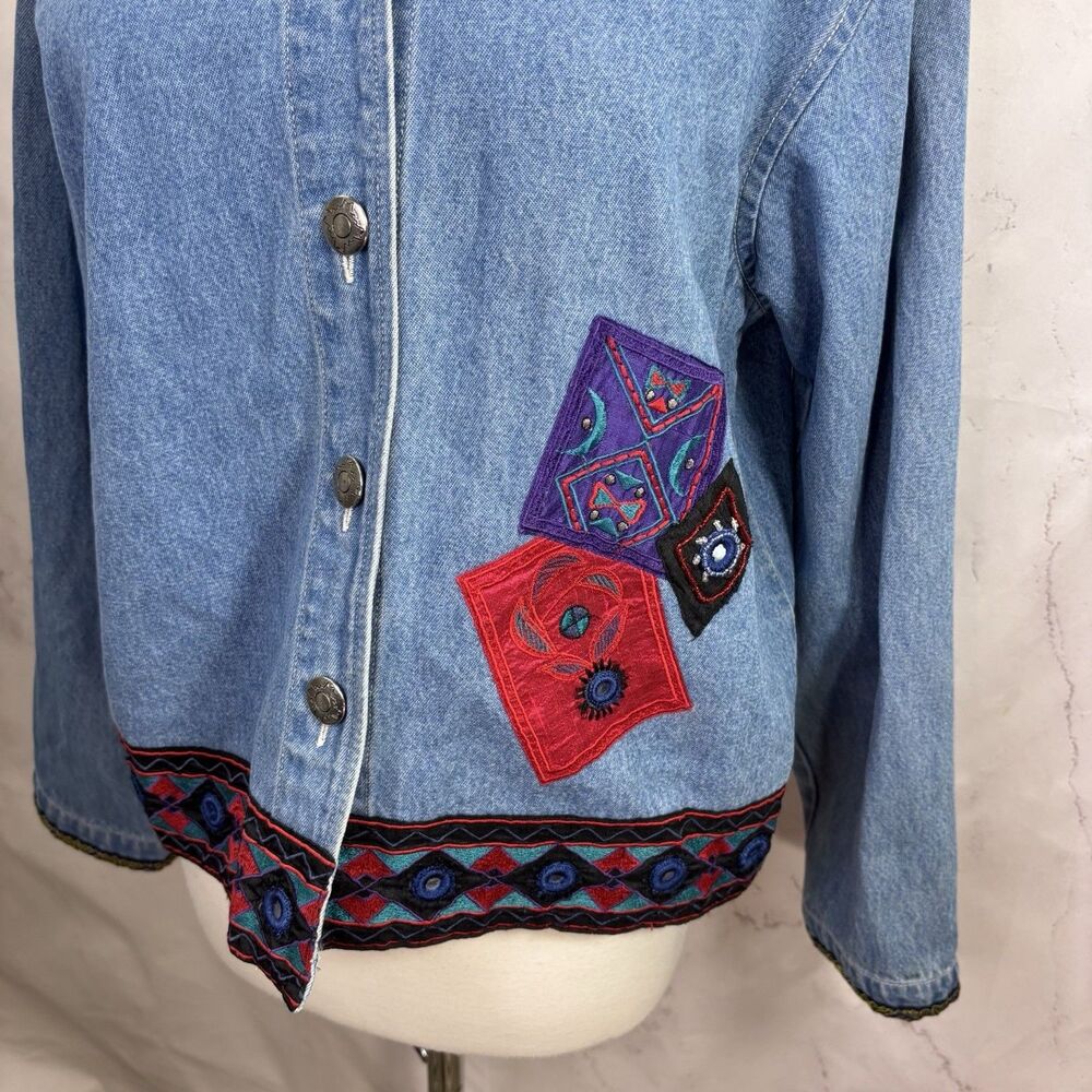 Vintage 90s Patchwork Denim Jacket M Beaded Collar Southwestern Concho Artsy L - Picture 15 of 16